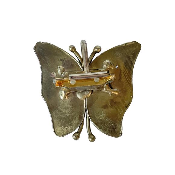 1970s Handcrafted Brass Enamel & Glass Artisan Figural Butterfly Brooch/Pendant - Picture 2 of 3
